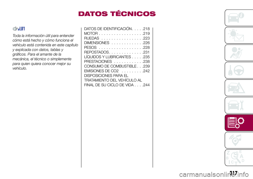 FIAT 500X 2017 Manual de Empleo y Cuidado (in Spanish) DATOS TÉCNICOS
Toda la información útil para entender
cómo está hecho y cómo funciona el
vehículo está contenida en este capítulo
y explicada con datos, tablas y
gráficos. Para el amante de FIAT 500X 2017 Manual de Empleo y Cuidado (in Spanish) DATOS TÉCNICOS
Toda la información útil para entender
cómo está hecho y cómo funciona el
vehículo está contenida en este capítulo
y explicada con datos, tablas y
gráficos. Para el amante de