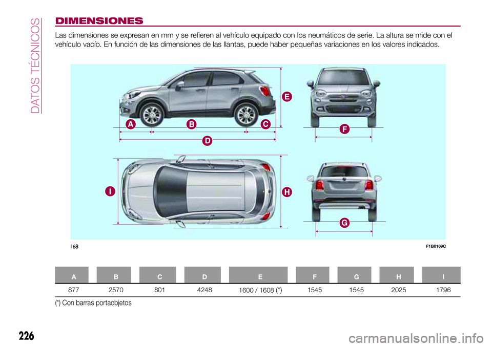 FIAT 500X 2017  Manual de Empleo y Cuidado (in Spanish) DIMENSIONES
Las dimensiones se expresan en mm y se refieren al vehículo equipado con los neumáticos de serie. La altura se mide con el
vehículo vacío. En función de las dimensiones de las llantas