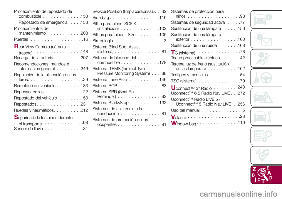 FIAT 500X 2017  Manual de Empleo y Cuidado (in Spanish) Procedimiento de repostado de
combustible..............153
Repostado de emergencia. . . .153
Procedimientos de
mantenimiento............208
Puertas...................16
Rear View Camera (cámara
trase