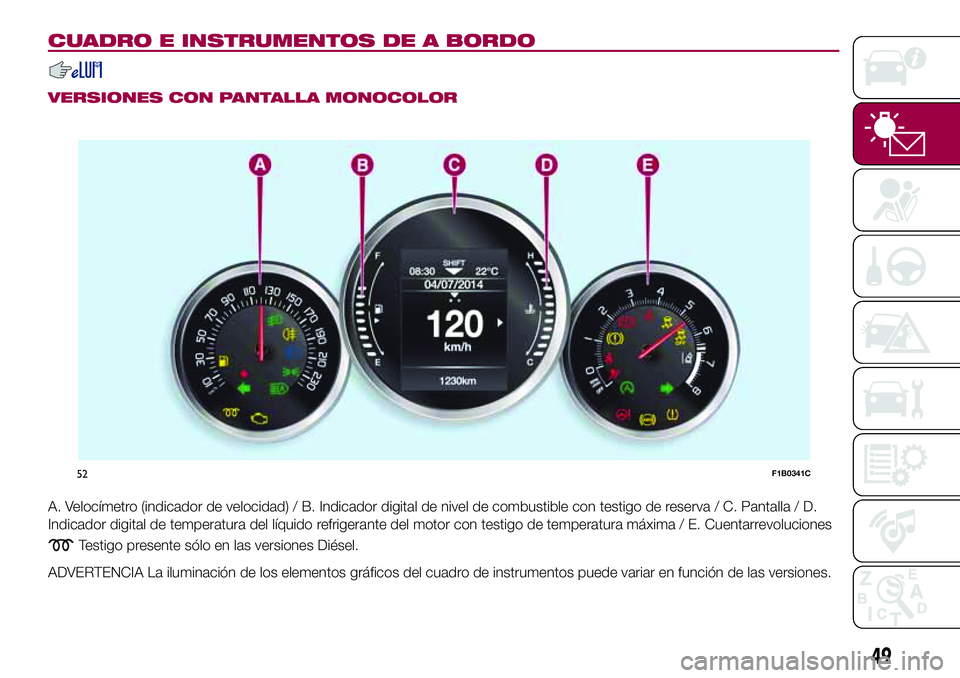FIAT 500X 2017 Manual de Empleo y Cuidado (in Spanish) CUADRO E INSTRUMENTOS DE A BORDO
VERSIONES CON PANTALLA MONOCOLOR
A. Velocímetro (indicador de velocidad) / B. Indicador digital de nivel de combustible con testigo de reserva / C. Pantalla / D.
Indi FIAT 500X 2017 Manual de Empleo y Cuidado (in Spanish) CUADRO E INSTRUMENTOS DE A BORDO
VERSIONES CON PANTALLA MONOCOLOR
A. Velocímetro (indicador de velocidad) / B. Indicador digital de nivel de combustible con testigo de reserva / C. Pantalla / D.
Indi