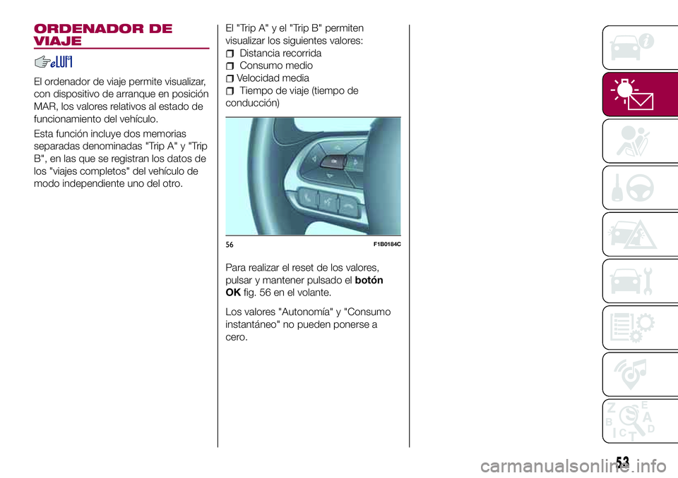 FIAT 500X 2017 Manual de Empleo y Cuidado (in Spanish) ORDENADOR DE
VIAJE
El ordenador de viaje permite visualizar,
con dispositivo de arranque en posición
MAR, los valores relativos al estado de
funcionamiento del vehículo.
Esta función incluye dos me FIAT 500X 2017 Manual de Empleo y Cuidado (in Spanish) ORDENADOR DE
VIAJE
El ordenador de viaje permite visualizar,
con dispositivo de arranque en posición
MAR, los valores relativos al estado de
funcionamiento del vehículo.
Esta función incluye dos me