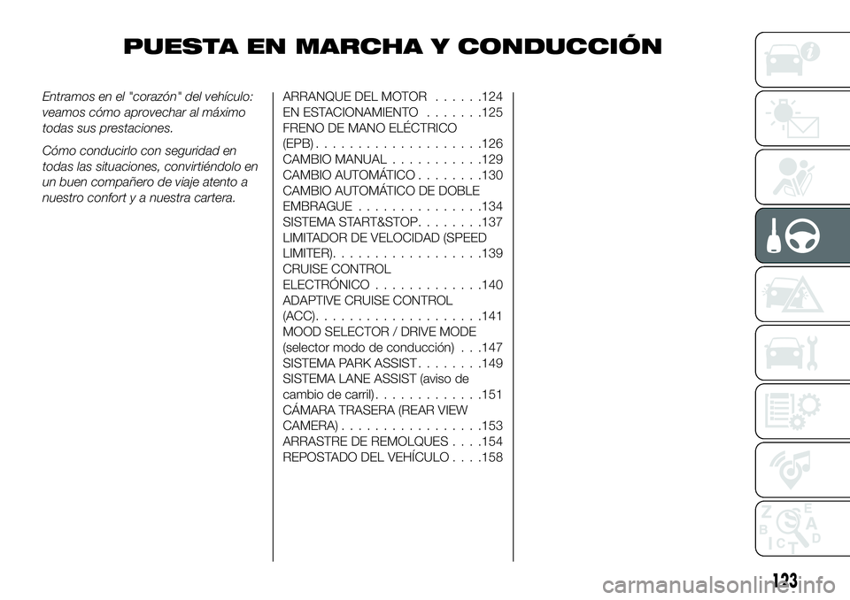 FIAT 500X 2018 Manual de Empleo y Cuidado (in Spanish) PUESTA EN MARCHA Y CONDUCCIÓN
Entramos en el "corazón" del vehículo:
veamos cómo aprovechar al máximo
todas sus prestaciones.
Cómo conducirlo con seguridad en
todas las situaciones, conv FIAT 500X 2018 Manual de Empleo y Cuidado (in Spanish) PUESTA EN MARCHA Y CONDUCCIÓN
Entramos en el "corazón" del vehículo:
veamos cómo aprovechar al máximo
todas sus prestaciones.
Cómo conducirlo con seguridad en
todas las situaciones, conv