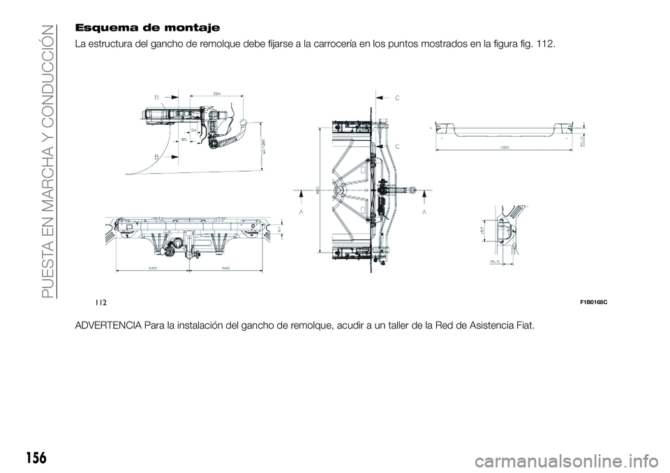 FIAT 500X 2018 Manual de Empleo y Cuidado (in Spanish) Esquema de montaje
La estructura del gancho de remolque debe fijarse a la carrocería en los puntos mostrados en la figura fig. 112.
ADVERTENCIA Para la instalación del gancho de remolque, acudir a u FIAT 500X 2018 Manual de Empleo y Cuidado (in Spanish) Esquema de montaje
La estructura del gancho de remolque debe fijarse a la carrocería en los puntos mostrados en la figura fig. 112.
ADVERTENCIA Para la instalación del gancho de remolque, acudir a u