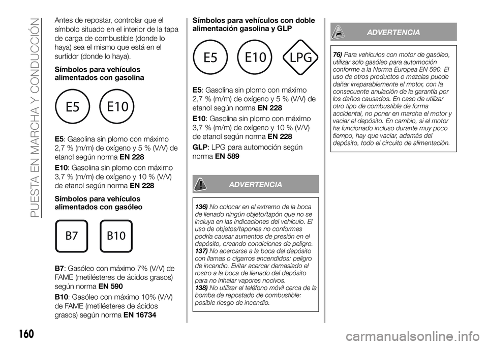 FIAT 500X 2018 Manual de Empleo y Cuidado (in Spanish) Antes de repostar, controlar que el
símbolo situado en el interior de la tapa
de carga de combustible (donde lo
haya) sea el mismo que está en el
surtidor (donde lo haya).
Símbolos para vehículos
FIAT 500X 2018 Manual de Empleo y Cuidado (in Spanish) Antes de repostar, controlar que el
símbolo situado en el interior de la tapa
de carga de combustible (donde lo
haya) sea el mismo que está en el
surtidor (donde lo haya).
Símbolos para vehículos