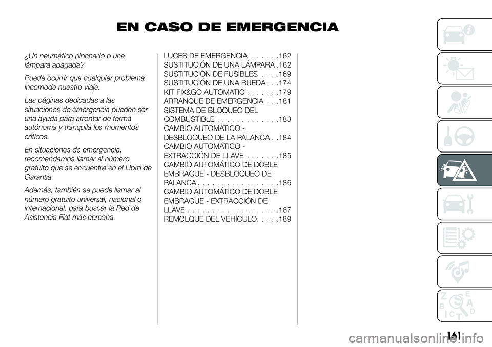 FIAT 500X 2018 Manual de Empleo y Cuidado (in Spanish) EN CASO DE EMERGENCIA
¿Un neumático pinchado o una
lámpara apagada?
Puede ocurrir que cualquier problema
incomode nuestro viaje.
Las páginas dedicadas a las
situaciones de emergencia pueden ser
un FIAT 500X 2018 Manual de Empleo y Cuidado (in Spanish) EN CASO DE EMERGENCIA
¿Un neumático pinchado o una
lámpara apagada?
Puede ocurrir que cualquier problema
incomode nuestro viaje.
Las páginas dedicadas a las
situaciones de emergencia pueden ser
un