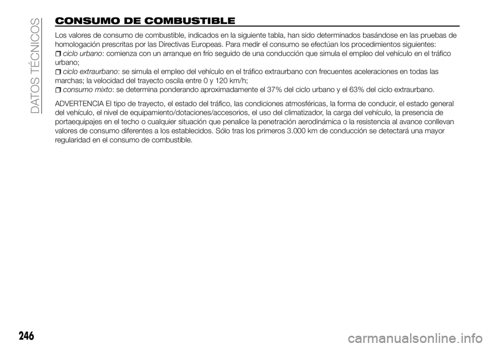 FIAT 500X 2018 Manual de Empleo y Cuidado (in Spanish) CONSUMO DE COMBUSTIBLE
Los valores de consumo de combustible, indicados en la siguiente tabla, han sido determinados basándose en las pruebas de
homologación prescritas por las Directivas Europeas. FIAT 500X 2018 Manual de Empleo y Cuidado (in Spanish) CONSUMO DE COMBUSTIBLE
Los valores de consumo de combustible, indicados en la siguiente tabla, han sido determinados basándose en las pruebas de
homologación prescritas por las Directivas Europeas.