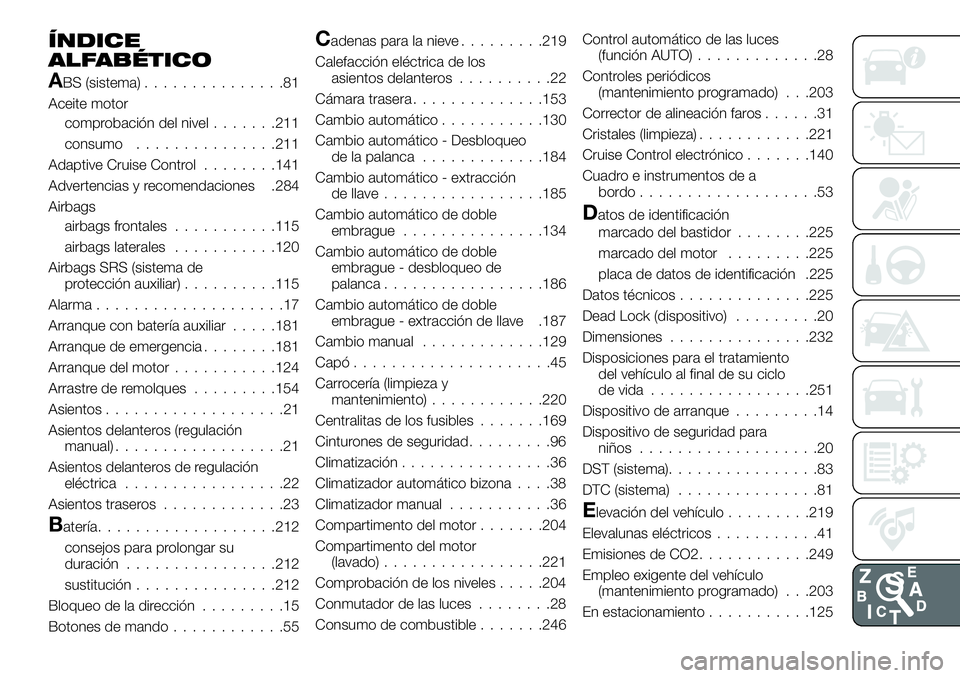 FIAT 500X 2018 Manual de Empleo y Cuidado (in Spanish) ÍNDICE
ALFABÉTICO
ABS (sistema)...............81
Aceite motor comprobación del nivel .......211
consumo ...............211
Adaptive Cruise Control ........141
Advertencias y recomendaciones .284
Ai FIAT 500X 2018 Manual de Empleo y Cuidado (in Spanish) ÍNDICE
ALFABÉTICO
ABS (sistema)...............81
Aceite motor comprobación del nivel .......211
consumo ...............211
Adaptive Cruise Control ........141
Advertencias y recomendaciones .284
Ai