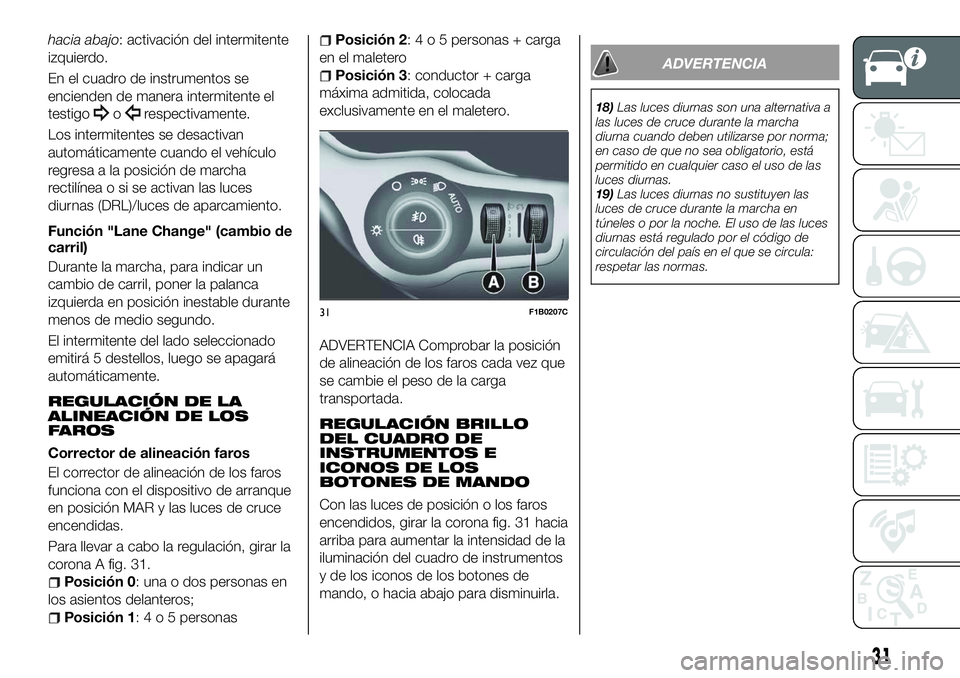 FIAT 500X 2018 Manual de Empleo y Cuidado (in Spanish) hacia abajo: activación del intermitente
izquierdo.
En el cuadro de instrumentos se
encienden de manera intermitente el
testigo
orespectivamente.
Los intermitentes se desactivan
automáticamente cuan FIAT 500X 2018 Manual de Empleo y Cuidado (in Spanish) hacia abajo: activación del intermitente
izquierdo.
En el cuadro de instrumentos se
encienden de manera intermitente el
testigo
orespectivamente.
Los intermitentes se desactivan
automáticamente cuan