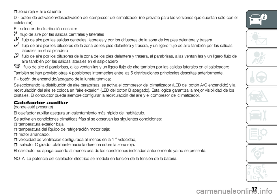 FIAT 500X 2018 Manual de Empleo y Cuidado (in Spanish) zona roja = aire caliente
D - botón de activación/desactivación del compresor del climatizador (no previsto para las versiones que cuentan sólo con el
calefactor);
E - selector de distribución de FIAT 500X 2018 Manual de Empleo y Cuidado (in Spanish) zona roja = aire caliente
D - botón de activación/desactivación del compresor del climatizador (no previsto para las versiones que cuentan sólo con el
calefactor);
E - selector de distribución de