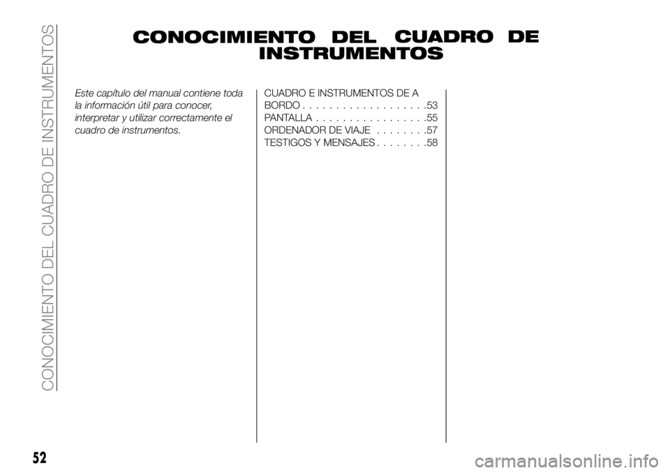 FIAT 500X 2018 Manual de Empleo y Cuidado (in Spanish) CONOCIMIENTO DELCUADRO DE
INSTRUMENTOS
Este capítulo del manual contiene toda
la información útil para conocer,
interpretar y utilizar correctamente el
cuadro de instrumentos.CUADRO E INSTRUMENTOS FIAT 500X 2018 Manual de Empleo y Cuidado (in Spanish) CONOCIMIENTO DELCUADRO DE
INSTRUMENTOS
Este capítulo del manual contiene toda
la información útil para conocer,
interpretar y utilizar correctamente el
cuadro de instrumentos.CUADRO E INSTRUMENTOS