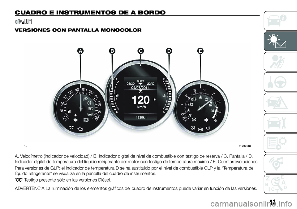 FIAT 500X 2018 Manual de Empleo y Cuidado (in Spanish) CUADRO E INSTRUMENTOS DE A BORDO
VERSIONES CON PANTALLA MONOCOLOR
A. Velocímetro (indicador de velocidad) / B. Indicador digital de nivel de combustible con testigo de reserva / C. Pantalla / D.
Indi FIAT 500X 2018 Manual de Empleo y Cuidado (in Spanish) CUADRO E INSTRUMENTOS DE A BORDO
VERSIONES CON PANTALLA MONOCOLOR
A. Velocímetro (indicador de velocidad) / B. Indicador digital de nivel de combustible con testigo de reserva / C. Pantalla / D.
Indi