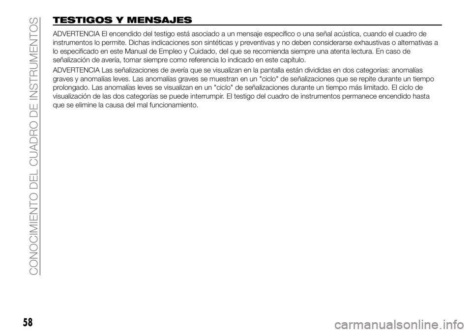 FIAT 500X 2018 Manual de Empleo y Cuidado (in Spanish) TESTIGOS Y MENSAJES
ADVERTENCIA El encendido del testigo está asociado a un mensaje específico o una señal acústica, cuando el cuadro de
instrumentos lo permite. Dichas indicaciones son sintética FIAT 500X 2018 Manual de Empleo y Cuidado (in Spanish) TESTIGOS Y MENSAJES
ADVERTENCIA El encendido del testigo está asociado a un mensaje específico o una señal acústica, cuando el cuadro de
instrumentos lo permite. Dichas indicaciones son sintética