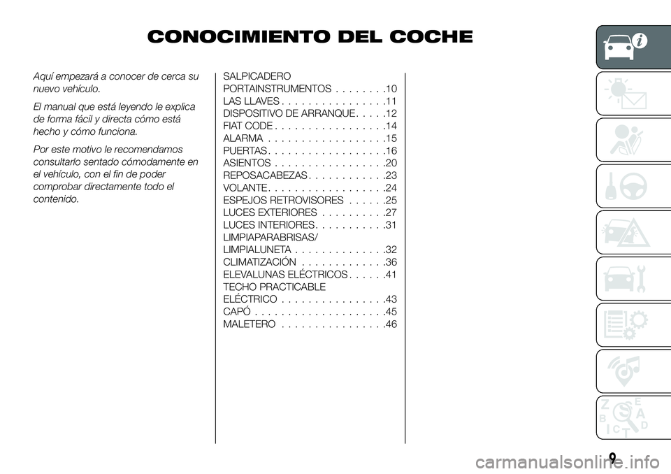 FIAT 500X 2019 Manual de Empleo y Cuidado (in Spanish) CONOCIMIENTO DEL COCHE
Aquí empezará a conocer de cerca su
nuevo vehículo.
El manual que está leyendo le explica
de forma fácil y directa cómo está
hecho y cómo funciona.
Por este motivo le re FIAT 500X 2019 Manual de Empleo y Cuidado (in Spanish) CONOCIMIENTO DEL COCHE
Aquí empezará a conocer de cerca su
nuevo vehículo.
El manual que está leyendo le explica
de forma fácil y directa cómo está
hecho y cómo funciona.
Por este motivo le re