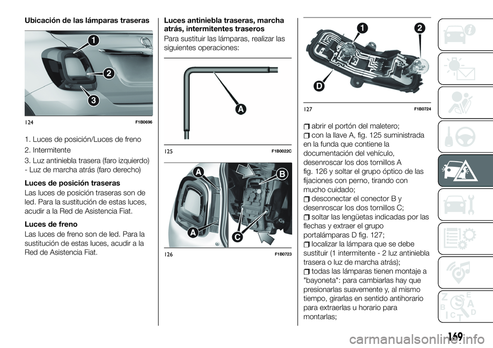 FIAT 500X 2019 Manual de Empleo y Cuidado (in Spanish) Ubicación de las lámparas traseras
1. Luces de posición/Luces de freno
2. Intermitente
3. Luz antiniebla trasera (faro izquierdo)
- Luz de marcha atrás (faro derecho)
Luces de posición traseras
L FIAT 500X 2019 Manual de Empleo y Cuidado (in Spanish) Ubicación de las lámparas traseras
1. Luces de posición/Luces de freno
2. Intermitente
3. Luz antiniebla trasera (faro izquierdo)
- Luz de marcha atrás (faro derecho)
Luces de posición traseras
L