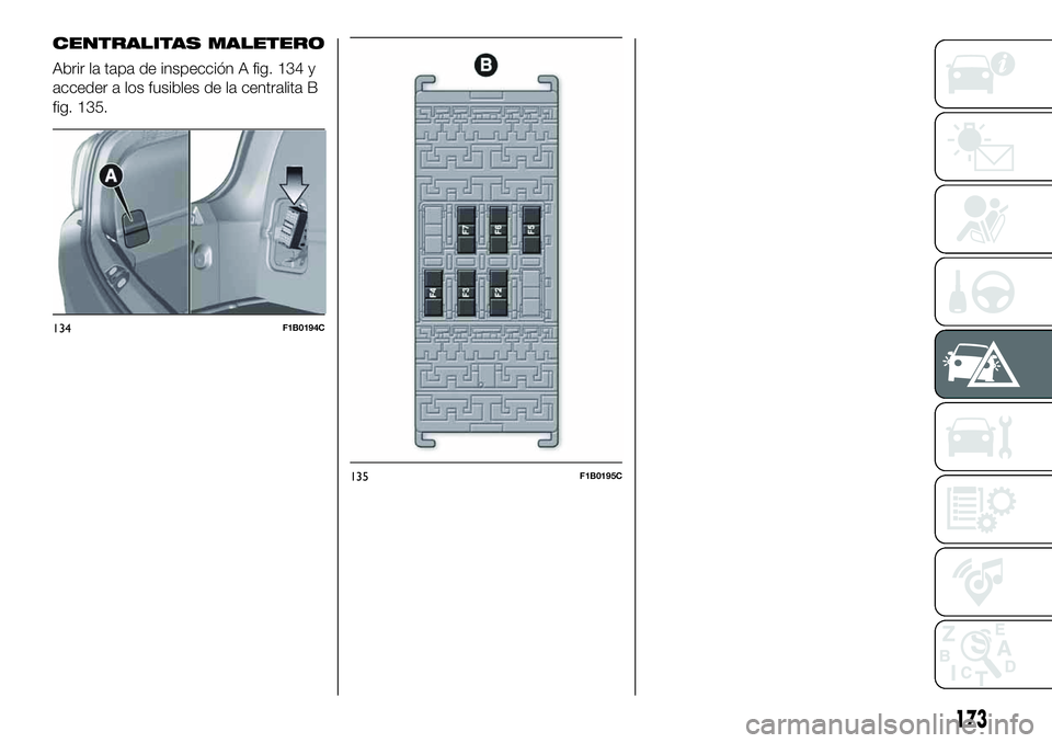 FIAT 500X 2019 Manual de Empleo y Cuidado (in Spanish) CENTRALITAS MALETERO
Abrir la tapa de inspección A fig. 134 y
acceder a los fusibles de la centralita B
fig. 135.
134F1B0194C
135F1B0195C
173 FIAT 500X 2019 Manual de Empleo y Cuidado (in Spanish) CENTRALITAS MALETERO
Abrir la tapa de inspección A fig. 134 y
acceder a los fusibles de la centralita B
fig. 135.
134F1B0194C
135F1B0195C
173