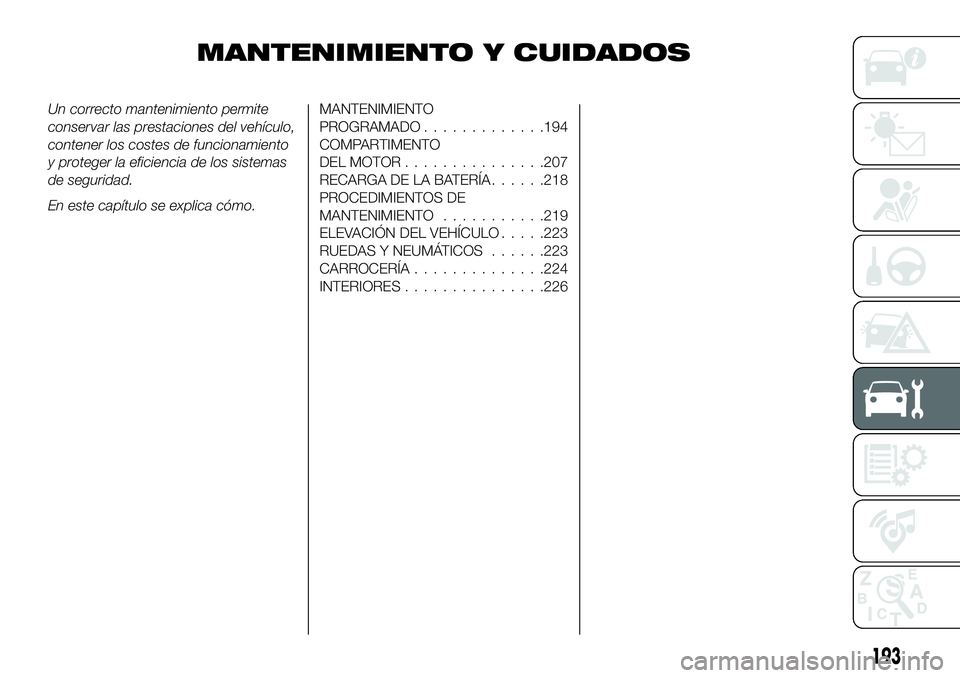 FIAT 500X 2019 Manual de Empleo y Cuidado (in Spanish) MANTENIMIENTO Y CUIDADOS
Un correcto mantenimiento permite
conservar las prestaciones del vehículo,
contener los costes de funcionamiento
y proteger la eficiencia de los sistemas
de seguridad.
En est FIAT 500X 2019 Manual de Empleo y Cuidado (in Spanish) MANTENIMIENTO Y CUIDADOS
Un correcto mantenimiento permite
conservar las prestaciones del vehículo,
contener los costes de funcionamiento
y proteger la eficiencia de los sistemas
de seguridad.
En est
