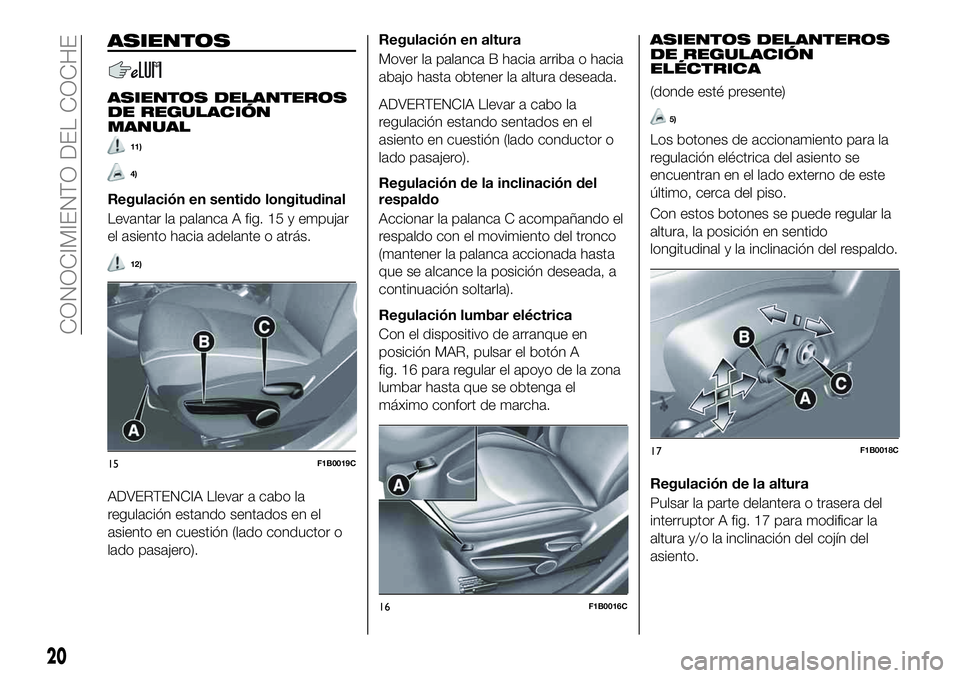 FIAT 500X 2019 Manual de Empleo y Cuidado (in Spanish) ASIENTOS
ASIENTOS DELANTEROS
DE REGULACIÓN
MANUAL
11)
4)
Regulación en sentido longitudinal
Levantar la palanca A fig. 15 y empujar
el asiento hacia adelante o atrás.
12)
ADVERTENCIA Llevar a cabo FIAT 500X 2019 Manual de Empleo y Cuidado (in Spanish) ASIENTOS
ASIENTOS DELANTEROS
DE REGULACIÓN
MANUAL
11)
4)
Regulación en sentido longitudinal
Levantar la palanca A fig. 15 y empujar
el asiento hacia adelante o atrás.
12)
ADVERTENCIA Llevar a cabo