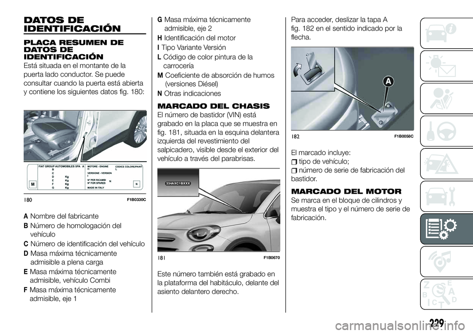 FIAT 500X 2019 Manual de Empleo y Cuidado (in Spanish) DATOS DE
IDENTIFICACIÓN
PLACA RESUMEN DE
DATOS DE
IDENTIFICACIÓN
Está situada en el montante de la
puerta lado conductor. Se puede
consultar cuando la puerta está abierta
y contiene los siguientes FIAT 500X 2019 Manual de Empleo y Cuidado (in Spanish) DATOS DE
IDENTIFICACIÓN
PLACA RESUMEN DE
DATOS DE
IDENTIFICACIÓN
Está situada en el montante de la
puerta lado conductor. Se puede
consultar cuando la puerta está abierta
y contiene los siguientes