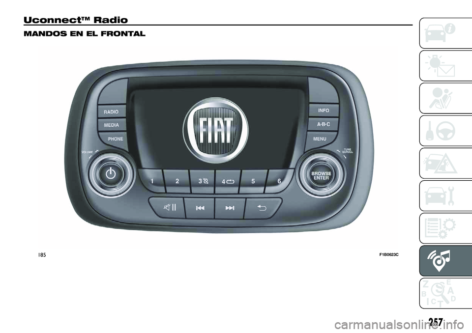 FIAT 500X 2019 Manual de Empleo y Cuidado (in Spanish) Uconnect™ Radio
MANDOS EN EL FRONTAL
185F1B0623C
257 FIAT 500X 2019 Manual de Empleo y Cuidado (in Spanish) Uconnect™ Radio
MANDOS EN EL FRONTAL
185F1B0623C
257