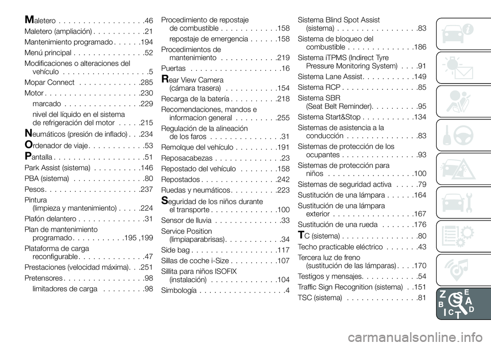 FIAT 500X 2019  Manual de Empleo y Cuidado (in Spanish) Maletero..................46
Maletero (ampliación)...........21
Mantenimiento programado......194
Menú principal...............52
Modificaciones o alteraciones del
vehículo..................5
Mopar