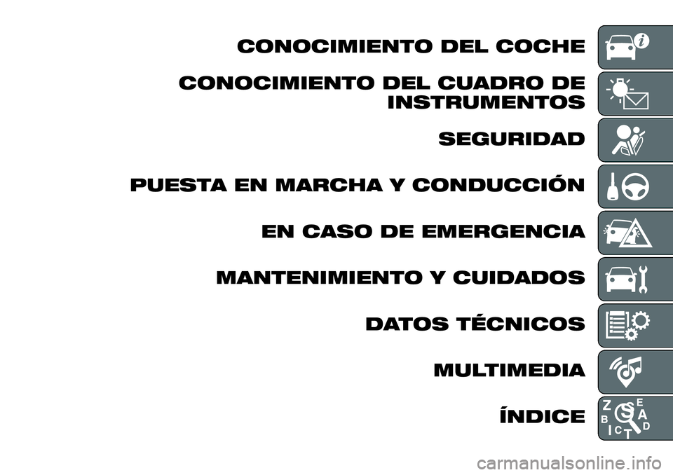 FIAT 500X 2019  Manual de Empleo y Cuidado (in Spanish) CONOCIMIENTO DEL COCHE
CONOCIMIENTO DEL CUADRO DE
INSTRUMENTOS
SEGURIDAD
PUESTA EN MARCHA Y CONDUCCIÓN
EN CASO DE EMERGENCIA
MANTENIMIENTO Y CUIDADOS
DATOS TÉCNICOS
MULTIMEDIA
ÍNDICE 