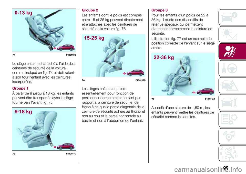 FIAT 500X 2017  Notice dentretien (in French) Le siège enfant est attaché à l'aide des
ceintures de sécurité de la voiture,
comme indiqué en fig. 74 et doit retenir
à son tour l'enfant avec les ceintures
incorporées.
Groupe 1
À p