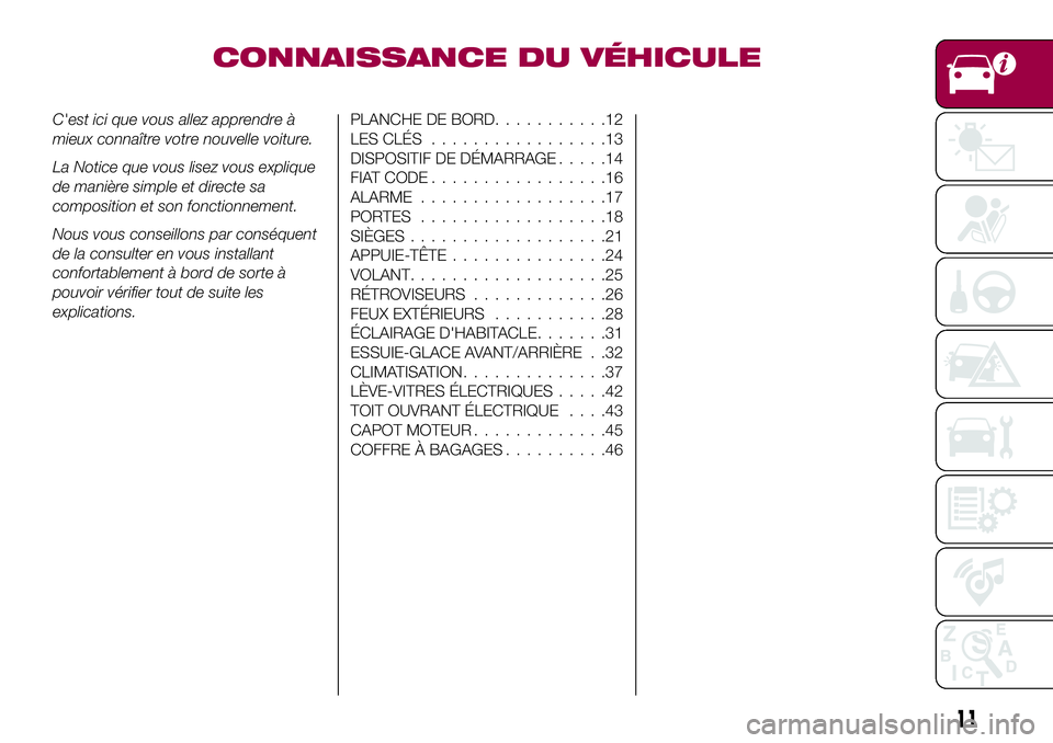 FIAT 500X 2017 Notice dentretien (in French) CONNAISSANCE DU VÉHICULE
C'est ici que vous allez apprendre à
mieux connaître votre nouvelle voiture.
La Notice que vous lisez vous explique
de manière simple et directe sa
composition et son FIAT 500X 2017 Notice dentretien (in French) CONNAISSANCE DU VÉHICULE
C'est ici que vous allez apprendre à
mieux connaître votre nouvelle voiture.
La Notice que vous lisez vous explique
de manière simple et directe sa
composition et son