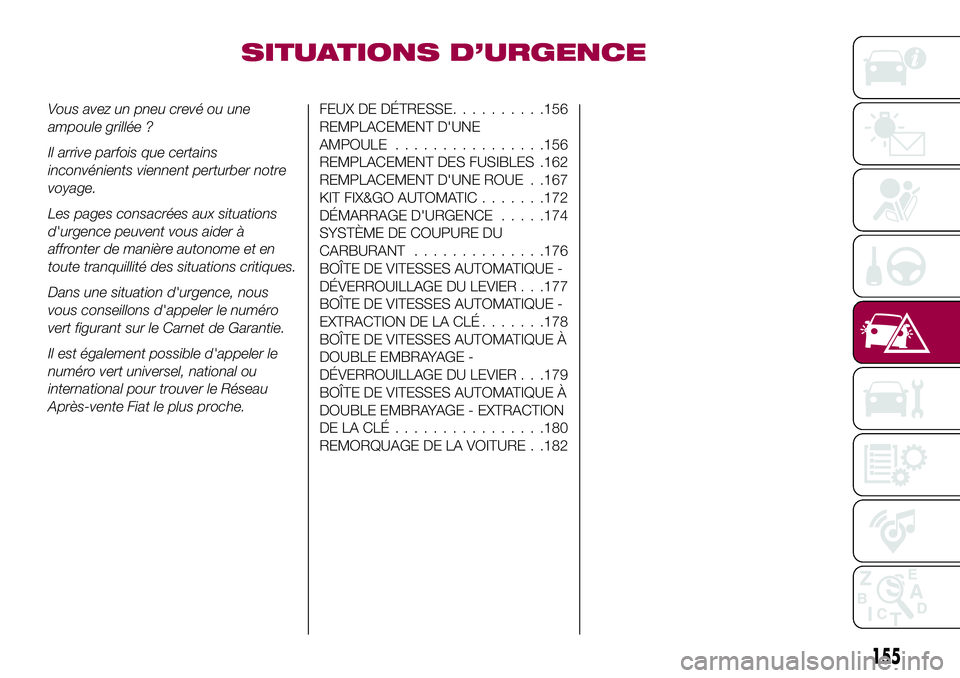 FIAT 500X 2017  Notice dentretien (in French) SITUATIONS D’URGENCE
Vous avez un pneu crevé ou une
ampoule grillée ?
Il arrive parfois que certains
inconvénients viennent perturber notre
voyage.
Les pages consacrées aux situations
d'urge