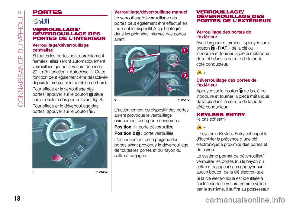 FIAT 500X 2017 Notice dentretien (in French) PORTES
VERROUILLAGE/
DÉVERROUILLAGE DES
PORTES DE L'INTÉRIEUR
Verrouillage/déverrouillage
centralisé
Si toutes les portes sont correctement
fermées, elles seront automatiquement
verrouillées FIAT 500X 2017 Notice dentretien (in French) PORTES
VERROUILLAGE/
DÉVERROUILLAGE DES
PORTES DE L'INTÉRIEUR
Verrouillage/déverrouillage
centralisé
Si toutes les portes sont correctement
fermées, elles seront automatiquement
verrouillées