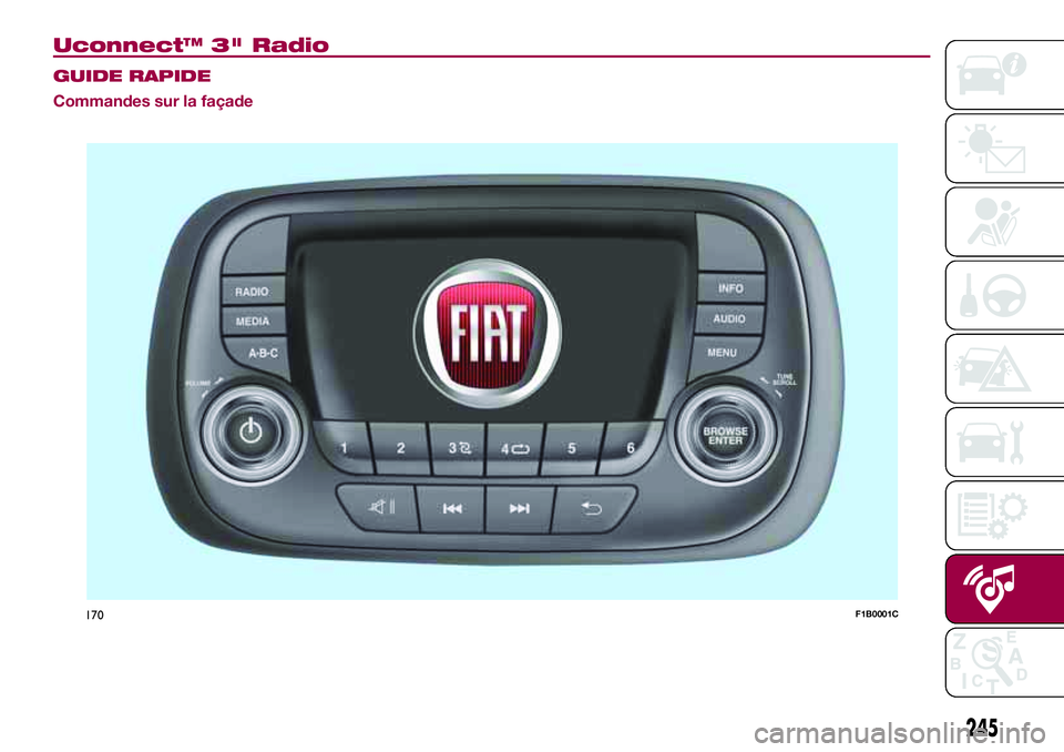 FIAT 500X 2017 Notice dentretien (in French) Uconnect™ 3" Radio
GUIDE RAPIDE
Commandes sur la façade
170F1B0001C
245 FIAT 500X 2017 Notice dentretien (in French) Uconnect™ 3" Radio
GUIDE RAPIDE
Commandes sur la façade
170F1B0001C
245