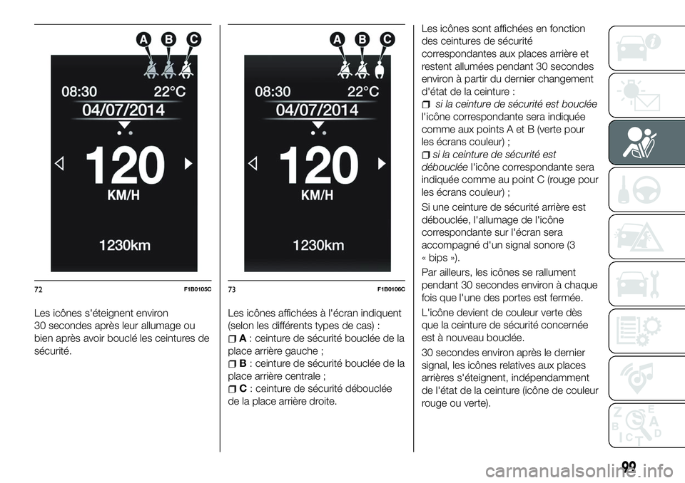 FIAT 500X 2018  Notice dentretien (in French) Les icônes s'éteignent environ
30 secondes après leur allumage ou
bien après avoir bouclé les ceintures de
sécurité.Les icônes affichées à l'écran indiquent
(selon les différents t