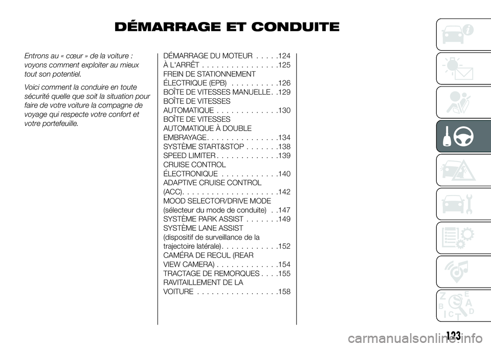FIAT 500X 2018  Notice dentretien (in French) DÉMARRAGE ET CONDUITE
Entrons au « cœur » de la voiture :
voyons comment exploiter au mieux
tout son potentiel.
Voici comment la conduire en toute
sécurité quelle que soit la situation pour
fair