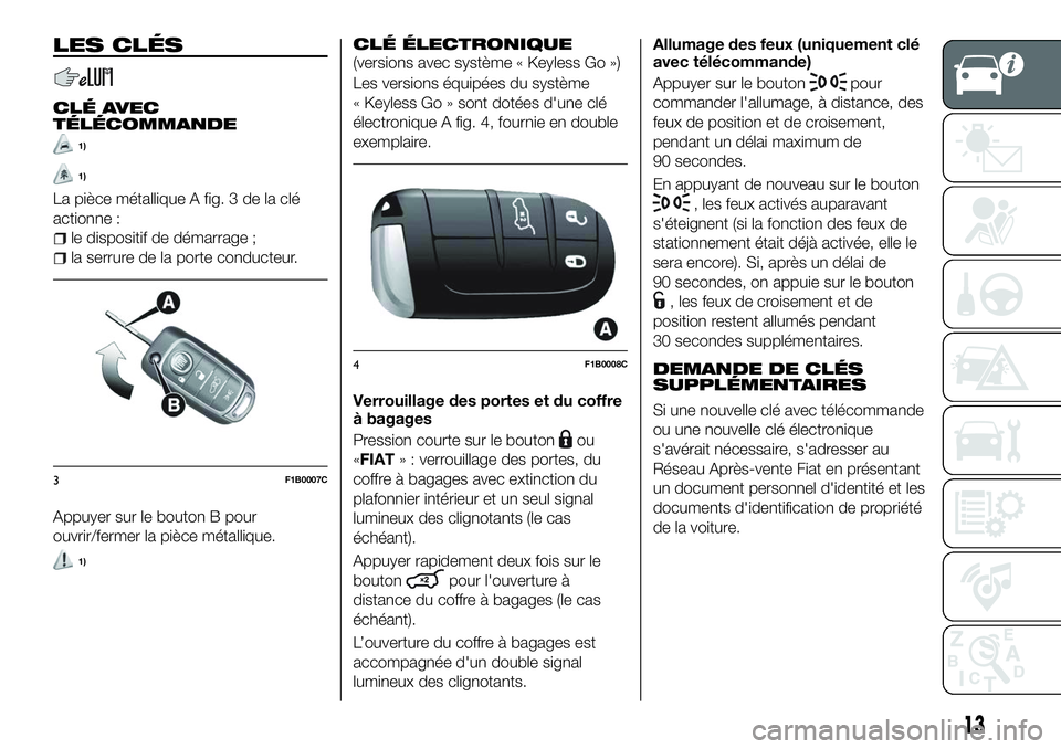 FIAT 500X 2018  Notice dentretien (in French) LES CLÉS
CLÉ AVEC
TÉLÉCOMMANDE
1)
1)
La pièce métallique A fig. 3 de la clé
actionne :
le dispositif de démarrage ;
la serrure de la porte conducteur.
Appuyer sur le bouton B pour
ouvrir/ferme