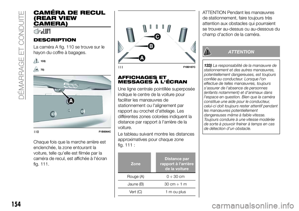 FIAT 500X 2018  Notice dentretien (in French) CAMÉRA DE RECUL
(REAR VIEW
CAMERA)
DESCRIPTION
La caméra A fig. 110 se trouve sur le
hayon du coffre à bagages.
133)
75)
Chaque fois que la marche arrière est
enclenchée, la zone entourant la
voi