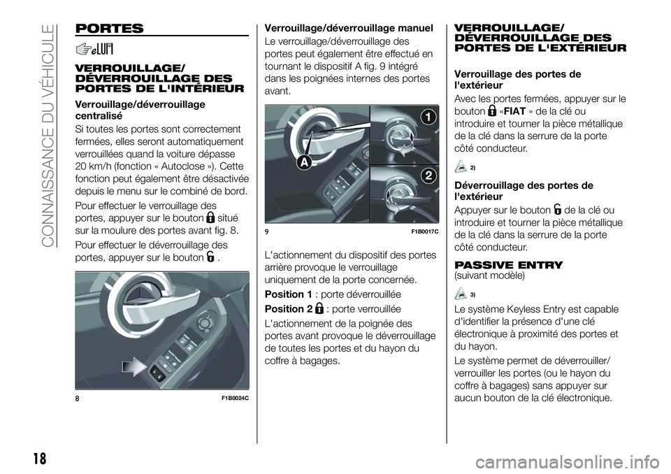 FIAT 500X 2018 Notice dentretien (in French) PORTES
VERROUILLAGE/
DÉVERROUILLAGE DES
PORTES DE L'INTÉRIEUR
Verrouillage/déverrouillage
centralisé
Si toutes les portes sont correctement
fermées, elles seront automatiquement
verrouillées FIAT 500X 2018 Notice dentretien (in French) PORTES
VERROUILLAGE/
DÉVERROUILLAGE DES
PORTES DE L'INTÉRIEUR
Verrouillage/déverrouillage
centralisé
Si toutes les portes sont correctement
fermées, elles seront automatiquement
verrouillées