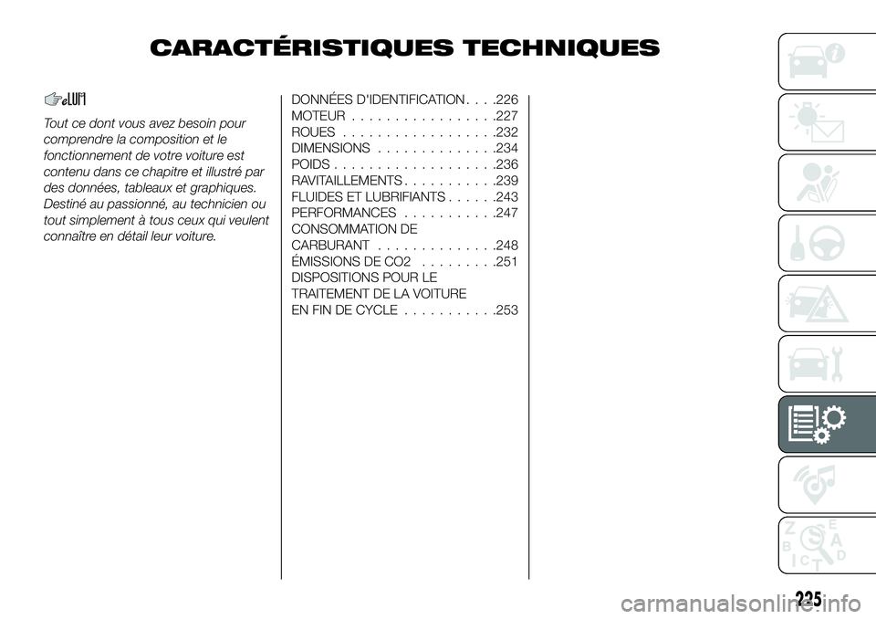 FIAT 500X 2018  Notice dentretien (in French) CARACTÉRISTIQUES TECHNIQUES
Tout ce dont vous avez besoin pour
comprendre la composition et le
fonctionnement de votre voiture est
contenu dans ce chapitre et illustré par
des données, tableaux et 