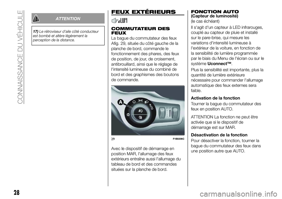 FIAT 500X 2018 Notice dentretien (in French) ATTENTION
17)Le rétroviseur d'aile côté conducteur
est bombé et altère légèrement la
perception de la distance.
FEUX EXTÉRIEURS
COMMUTATEUR DES
FEUX
La bague du commutateur des feux
Afig. FIAT 500X 2018 Notice dentretien (in French) ATTENTION
17)Le rétroviseur d'aile côté conducteur
est bombé et altère légèrement la
perception de la distance.
FEUX EXTÉRIEURS
COMMUTATEUR DES
FEUX
La bague du commutateur des feux
Afig.
