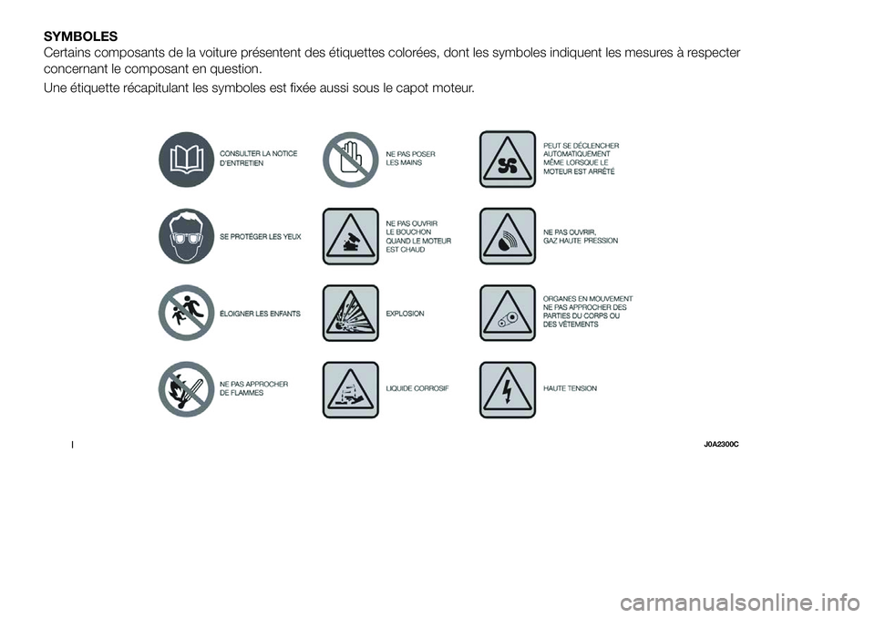 FIAT 500X 2018  Notice dentretien (in French) SYMBOLES
Certains composants de la voiture présentent des étiquettes colorées, dont les symboles indiquent les mesures à respecter
concernant le composant en question.
Une étiquette récapitulant