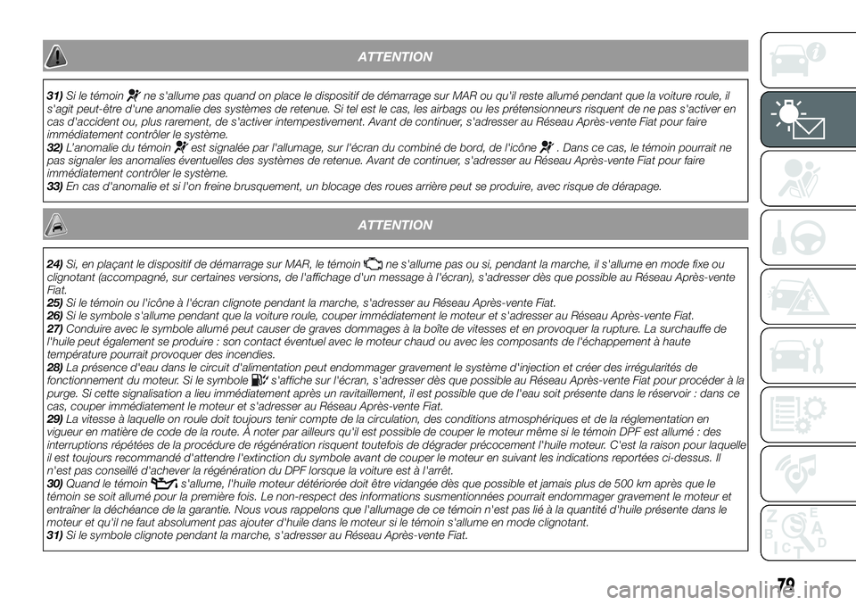 FIAT 500X 2018  Notice dentretien (in French) ATTENTION
31)Si le témoinne s'allume pas quand on place le dispositif de démarrage sur MAR ou qu'il reste allumé pendant que la voiture roule, il
s'agit peut-être d'une anomalie de