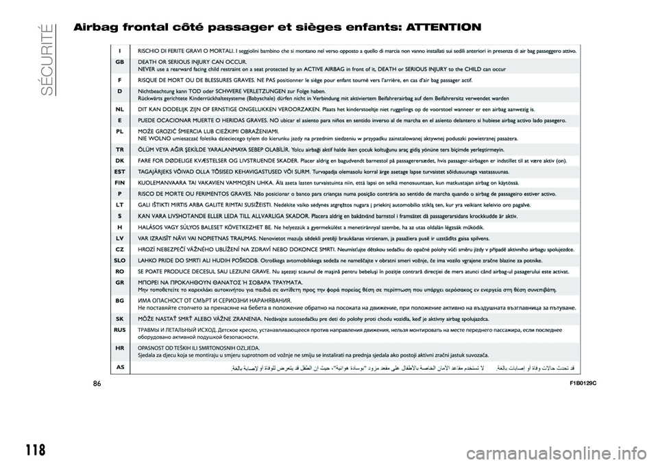 FIAT 500X 2019  Notice dentretien (in French) Airbag frontal côté passager et sièges enfants: ATTENTION
86F1B0129C
118
SÉCURITÉ 