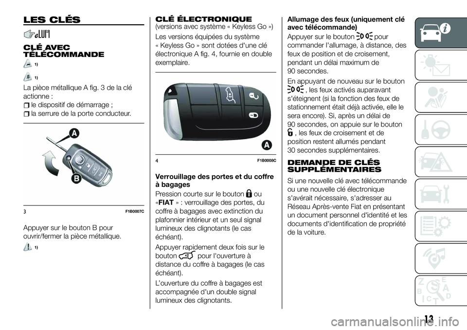 FIAT 500X 2019 Notice dentretien (in French) LES CLÉS
CLÉ AVEC
TÉLÉCOMMANDE
1)
1)
La pièce métallique A fig. 3 de la clé
actionne :
le dispositif de démarrage ;
la serrure de la porte conducteur.
Appuyer sur le bouton B pour
ouvrir/ferme FIAT 500X 2019 Notice dentretien (in French) LES CLÉS
CLÉ AVEC
TÉLÉCOMMANDE
1)
1)
La pièce métallique A fig. 3 de la clé
actionne :
le dispositif de démarrage ;
la serrure de la porte conducteur.
Appuyer sur le bouton B pour
ouvrir/ferme