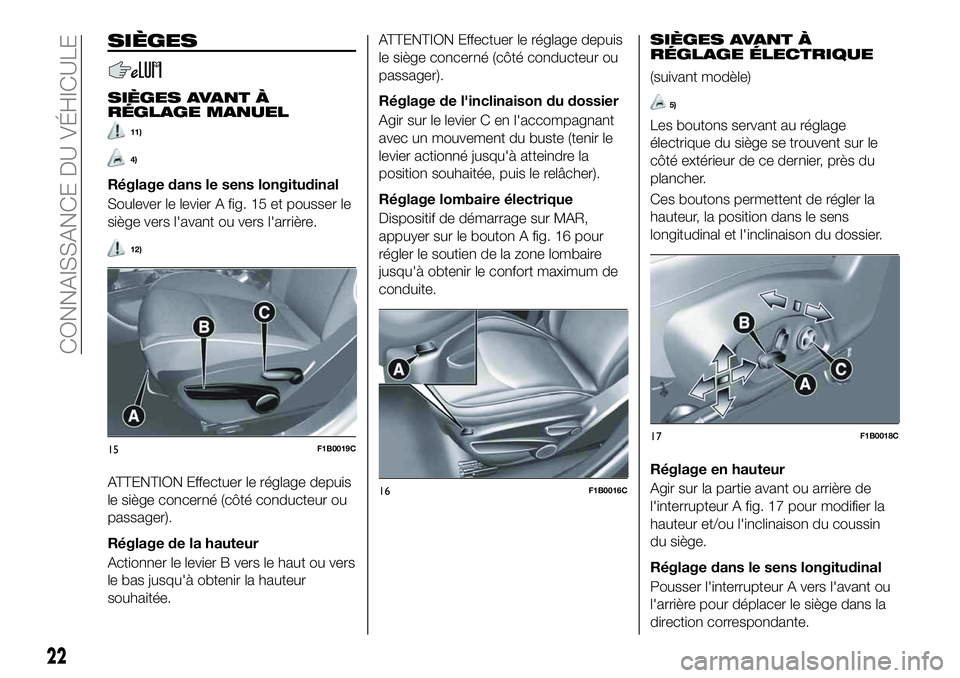 FIAT 500X 2019 Notice dentretien (in French) SIÈGES
SIÈGES AVANT À
RÉGLAGE MANUEL
11)
4)
Réglage dans le sens longitudinal
Soulever le levier A fig. 15 et pousser le
siège vers l'avant ou vers l'arrière.
12)
ATTENTION Effectuer le FIAT 500X 2019 Notice dentretien (in French) SIÈGES
SIÈGES AVANT À
RÉGLAGE MANUEL
11)
4)
Réglage dans le sens longitudinal
Soulever le levier A fig. 15 et pousser le
siège vers l'avant ou vers l'arrière.
12)
ATTENTION Effectuer le
