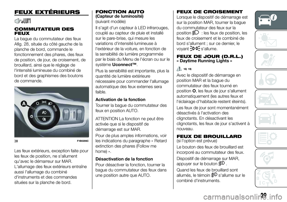 FIAT 500X 2019  Notice dentretien (in French) FEUX EXTÉRIEURS
COMMUTATEUR DES
FEUX
La bague du commutateur des feux
Afig. 28, située du côté gauche de la
planche de bord, commande le
fonctionnement des phares, des feux
de position, de jour, d