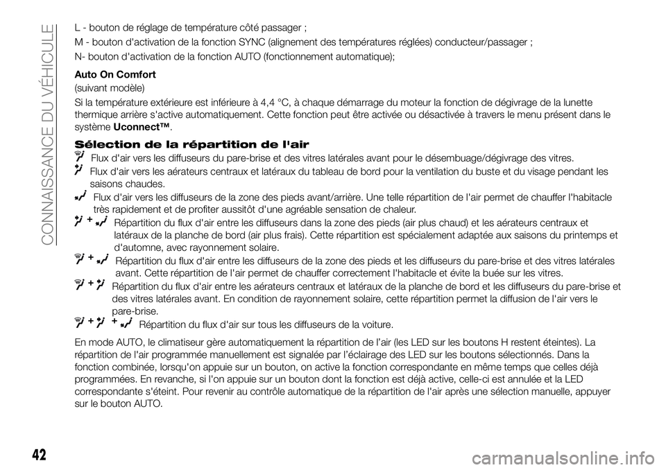 FIAT 500X 2019 Notice dentretien (in French) L - bouton de réglage de température côté passager ;
M - bouton d'activation de la fonction SYNC (alignement des températures réglées) conducteur/passager ;
N- bouton d'activation de la FIAT 500X 2019 Notice dentretien (in French) L - bouton de réglage de température côté passager ;
M - bouton d'activation de la fonction SYNC (alignement des températures réglées) conducteur/passager ;
N- bouton d'activation de la