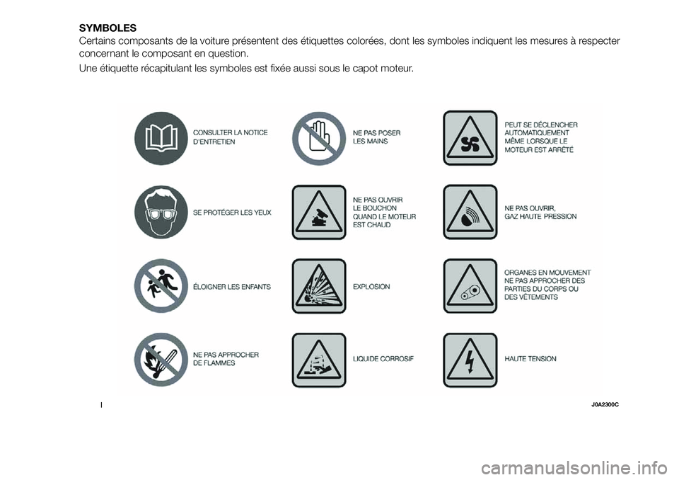 FIAT 500X 2019  Notice dentretien (in French) SYMBOLES
Certains composants de la voiture présentent des étiquettes colorées, dont les symboles indiquent les mesures à respecter
concernant le composant en question.
Une étiquette récapitulant