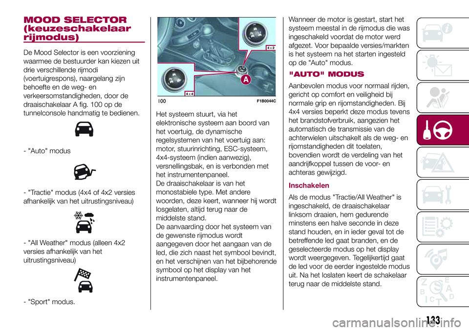 FIAT 500X 2017 Instructieboek (in Dutch) MOOD SELECTOR
(keuzeschakelaar
rijmodus)
De Mood Selector is een voorziening
waarmee de bestuurder kan kiezen uit
drie verschillende rijmodi
(voertuigrespons), naargelang zijn
behoefte en de weg- en
v FIAT 500X 2017 Instructieboek (in Dutch) MOOD SELECTOR
(keuzeschakelaar
rijmodus)
De Mood Selector is een voorziening
waarmee de bestuurder kan kiezen uit
drie verschillende rijmodi
(voertuigrespons), naargelang zijn
behoefte en de weg- en
v