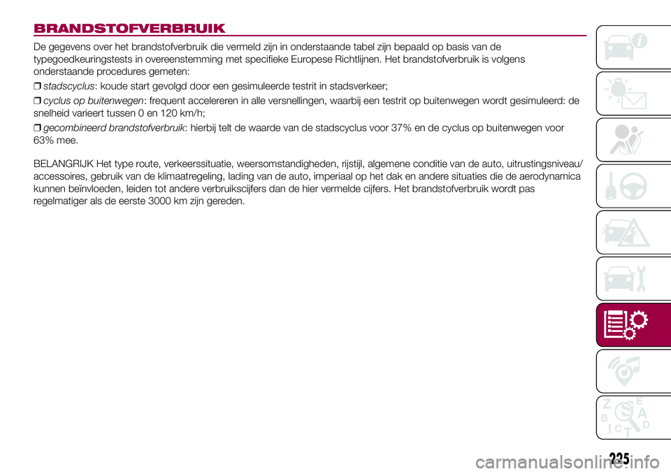 FIAT 500X 2017  Instructieboek (in Dutch) BRANDSTOFVERBRUIK
De gegevens over het brandstofverbruik die vermeld zijn in onderstaande tabel zijn bepaald op basis van de
typegoedkeuringstests in overeenstemming met specifieke Europese Richtlijne