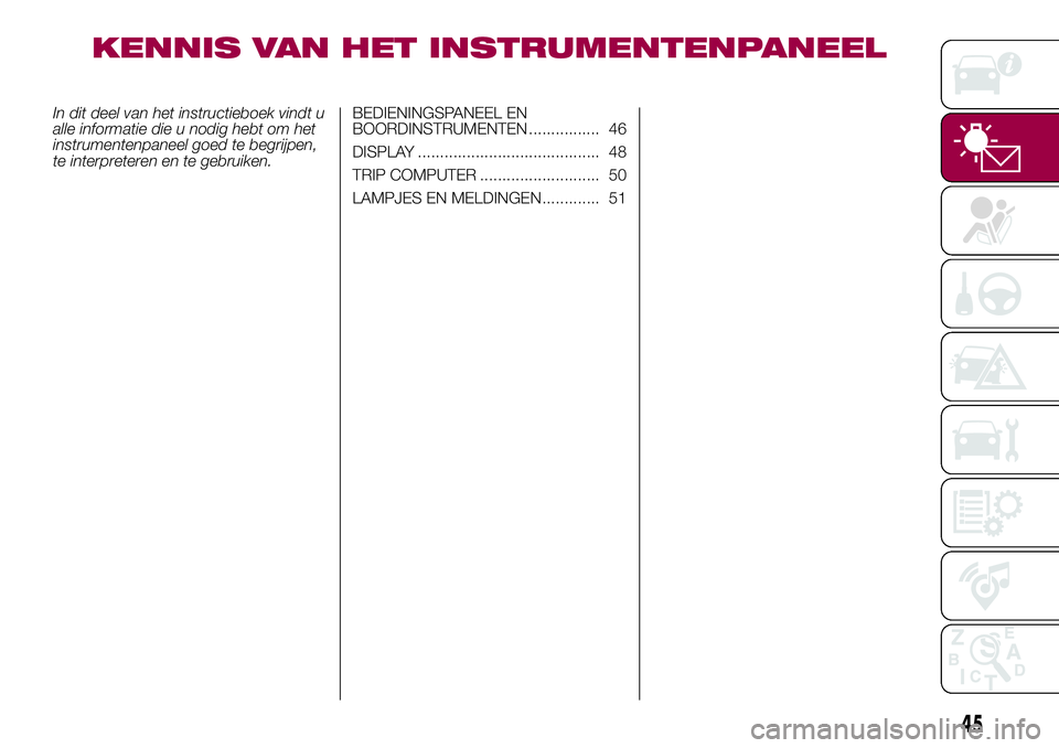 FIAT 500X 2017 Instructieboek (in Dutch) KENNIS VAN HET INSTRUMENTENPANEEL
In dit deel van het instructieboek vindt u
alle informatie die u nodig hebt om het
instrumentenpaneel goed te begrijpen,
te interpreteren en te gebruiken.BEDIENINGSPA FIAT 500X 2017 Instructieboek (in Dutch) KENNIS VAN HET INSTRUMENTENPANEEL
In dit deel van het instructieboek vindt u
alle informatie die u nodig hebt om het
instrumentenpaneel goed te begrijpen,
te interpreteren en te gebruiken.BEDIENINGSPA