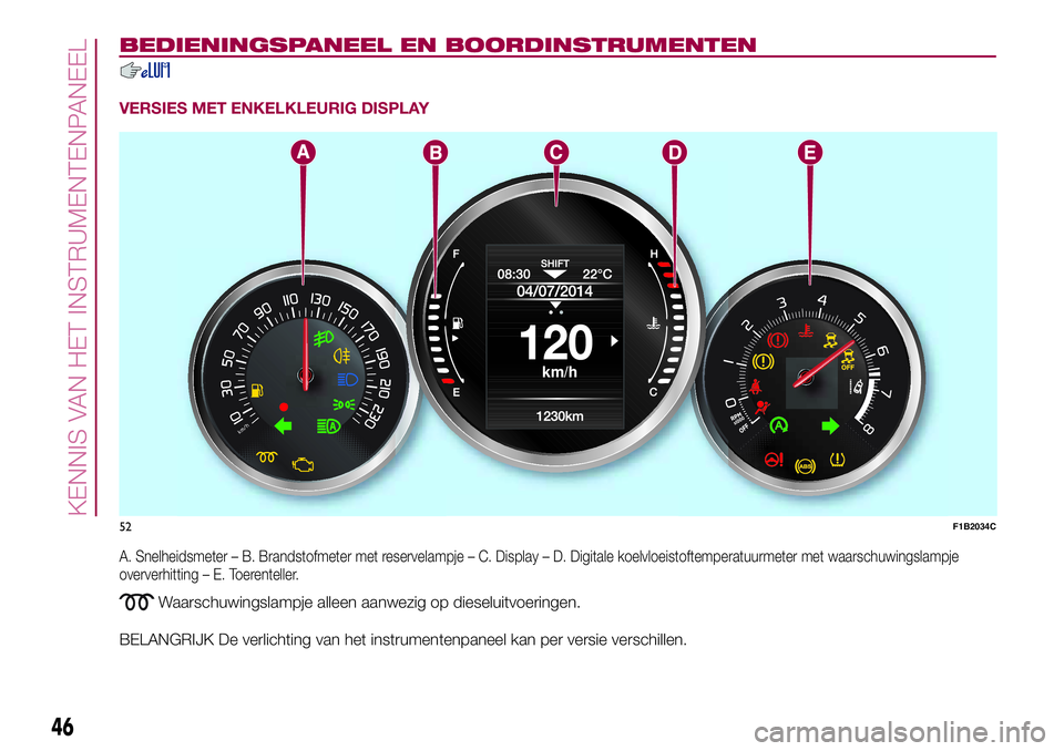 FIAT 500X 2017 Instructieboek (in Dutch) BEDIENINGSPANEEL EN BOORDINSTRUMENTEN
VERSIES MET ENKELKLEURIG DISPLAY
A. Snelheidsmeter – B. Brandstofmeter met reservelampje – C. Display – D. Digitale koelvloeistoftemperatuurmeter met waarsc FIAT 500X 2017 Instructieboek (in Dutch) BEDIENINGSPANEEL EN BOORDINSTRUMENTEN
VERSIES MET ENKELKLEURIG DISPLAY
A. Snelheidsmeter – B. Brandstofmeter met reservelampje – C. Display – D. Digitale koelvloeistoftemperatuurmeter met waarsc
