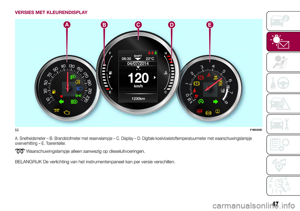 FIAT 500X 2017 Instructieboek (in Dutch) VERSIES MET KLEURENDISPLAY
A. Snelheidsmeter – B. Brandstofmeter met reservelampje – C. Display – D. Digitale koelvloeistoftemperatuurmeter met waarschuwingslampje
oververhitting – E. Toerente FIAT 500X 2017 Instructieboek (in Dutch) VERSIES MET KLEURENDISPLAY
A. Snelheidsmeter – B. Brandstofmeter met reservelampje – C. Display – D. Digitale koelvloeistoftemperatuurmeter met waarschuwingslampje
oververhitting – E. Toerente